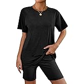Ekouaer Two Piece Sets for Women Summer Outfits 2026 Lounge Set Crew Neck Tshirts Biker Short Sweatsuit with Pocket