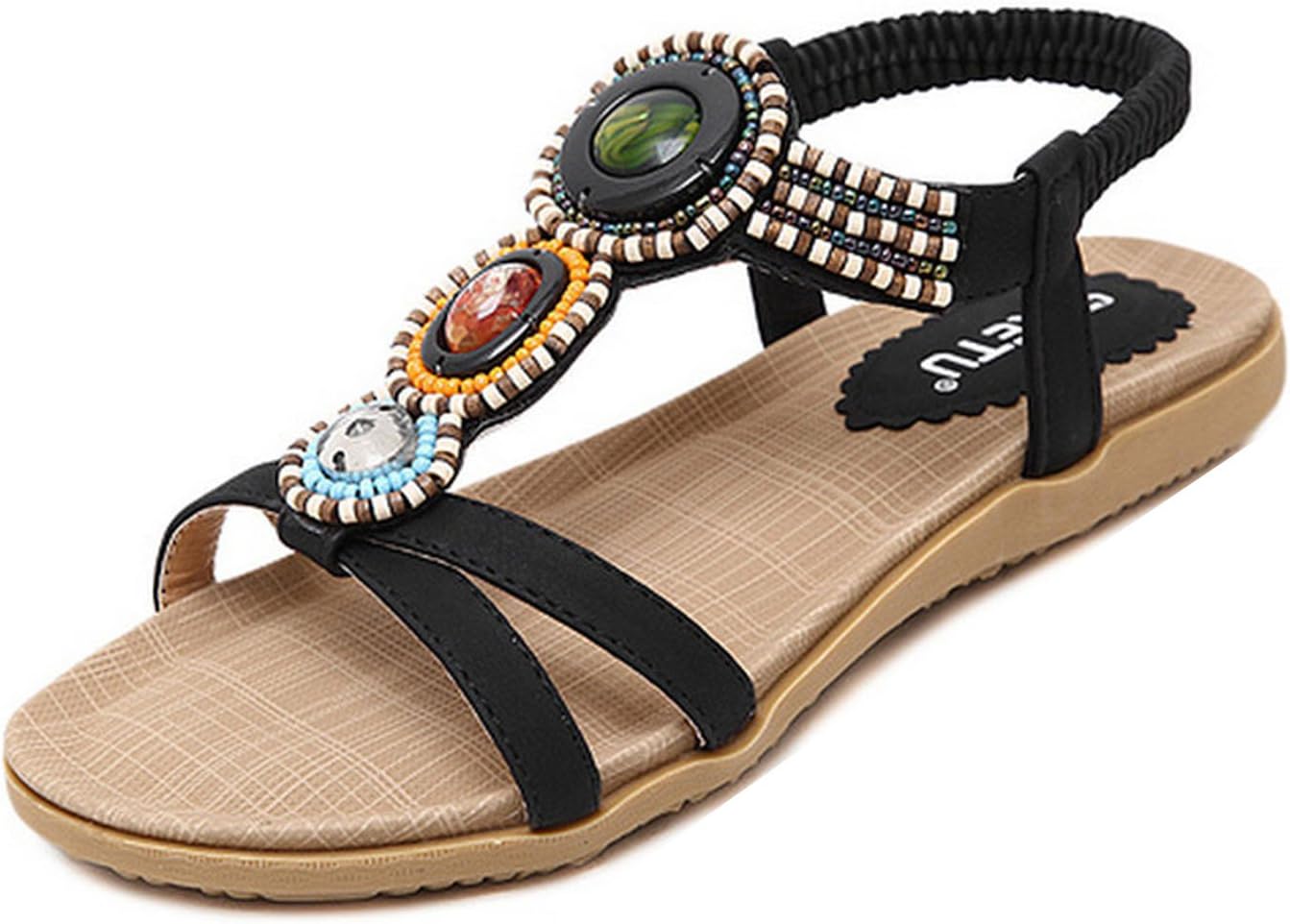 WAROFT Women's Adjustable Strap Beaded Bohemia Summer Beach Sandal Open Toe Slingback Flats Shoes Size 4-11