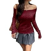Womens Off The Shoulder Long Sleeve Cable Knit Sweater Preppy Tops Loose Fit 2026 Fashion Y2k Fall Winter Clothes