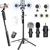 Vlogging Kit for iPhone/Android, 63”Auto Face Tracking Tripod for iPhone with Light, Microphones, Scrolling Remote Control for TikTok, Content Creator Kit for YouTube Starter Live Streaming