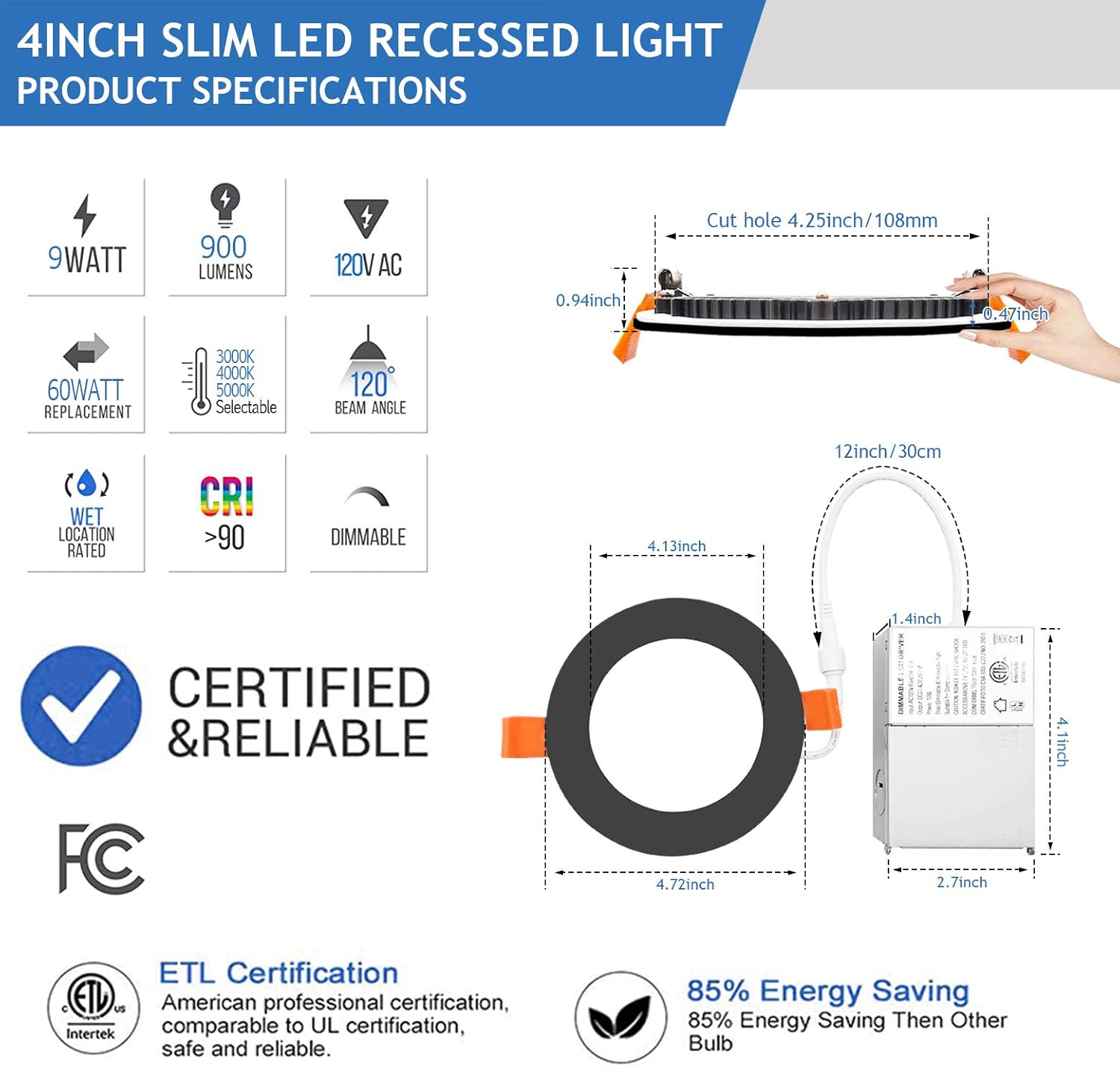 6 Pack Black 4 Inch Slim LED Recessed Light Canless Dimmable with Junction Box 9W 3000K-4000K-5000K Color Selectable - 120V Ultra Thin Downlight High Bright 900LM, IC Rated, Wet Location, ETL Listed - - 