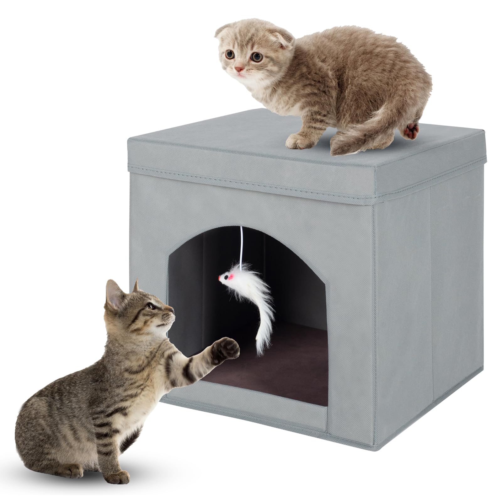 PowerKing Collapsible Cat Bed - Foldable Cat Cube & Cave, 13 x 13 x 13 inches (Grey)