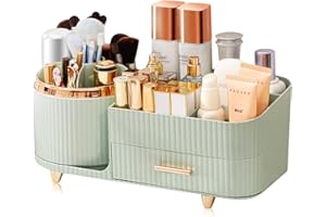 MULVINNIE Makeup Organizer- 360° Rotating Makeup Organizer for Vanity with Drawers, Large Capacity Cosmetic Display Cases, Cosmetic Organizer for Skincare, Brushes, Eyeshadow, Lipstick