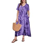 LARACE Womens Plus Size Short Sleeve Dresses Casual V Neck Button Up Pleated Flowy Long Maxi Dress with Pockets L-6XL