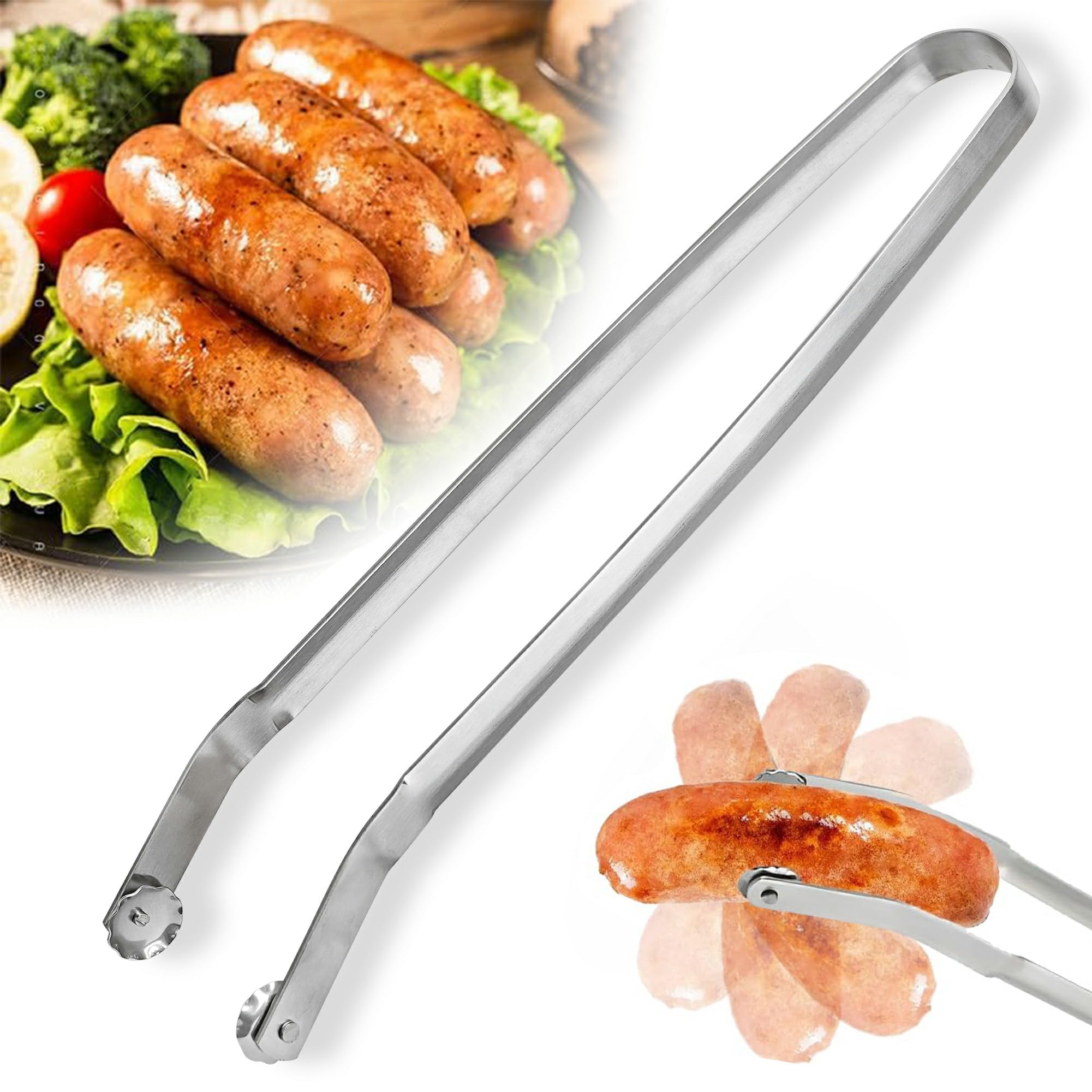 Hysenm BBQ Sausage Turning Tongs for Grilling Flipping, 2024 New Stainless Steel BBQ Kitchen Tongs, Long Handle Cooking Tongs for Turning Bacon Steak Meat Vegetables