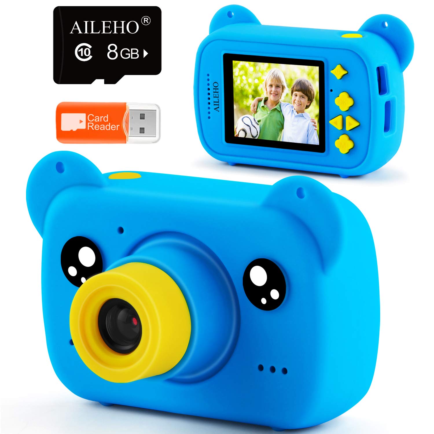 AILEHO Kids Camera for Boy Blue Bear Cartoon Birthday Children Toy Toddler Camera 3-10 Year Old Starter Kids Digital Camera 8M 1080P with 8G Card Kids Game Camera LCD Screen 2.0"