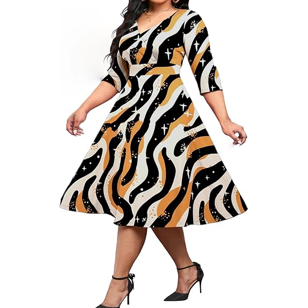 Womens Plus Size Dresses Faux Wrap Summer Dress 3/4 Sleeves V Neck 1950s Retro  Vintage Wedding Cocktail Party Swing Flowy Wrap Midi Dresses Black L at  Amazon Women's Clothing store