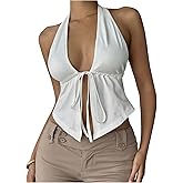 SOLY HUX Women's Summer Halter Tops Sexy Deep V Neck Bow Tie Front Sleeveless Backless Asymmetrical Hem Crop Tank Top