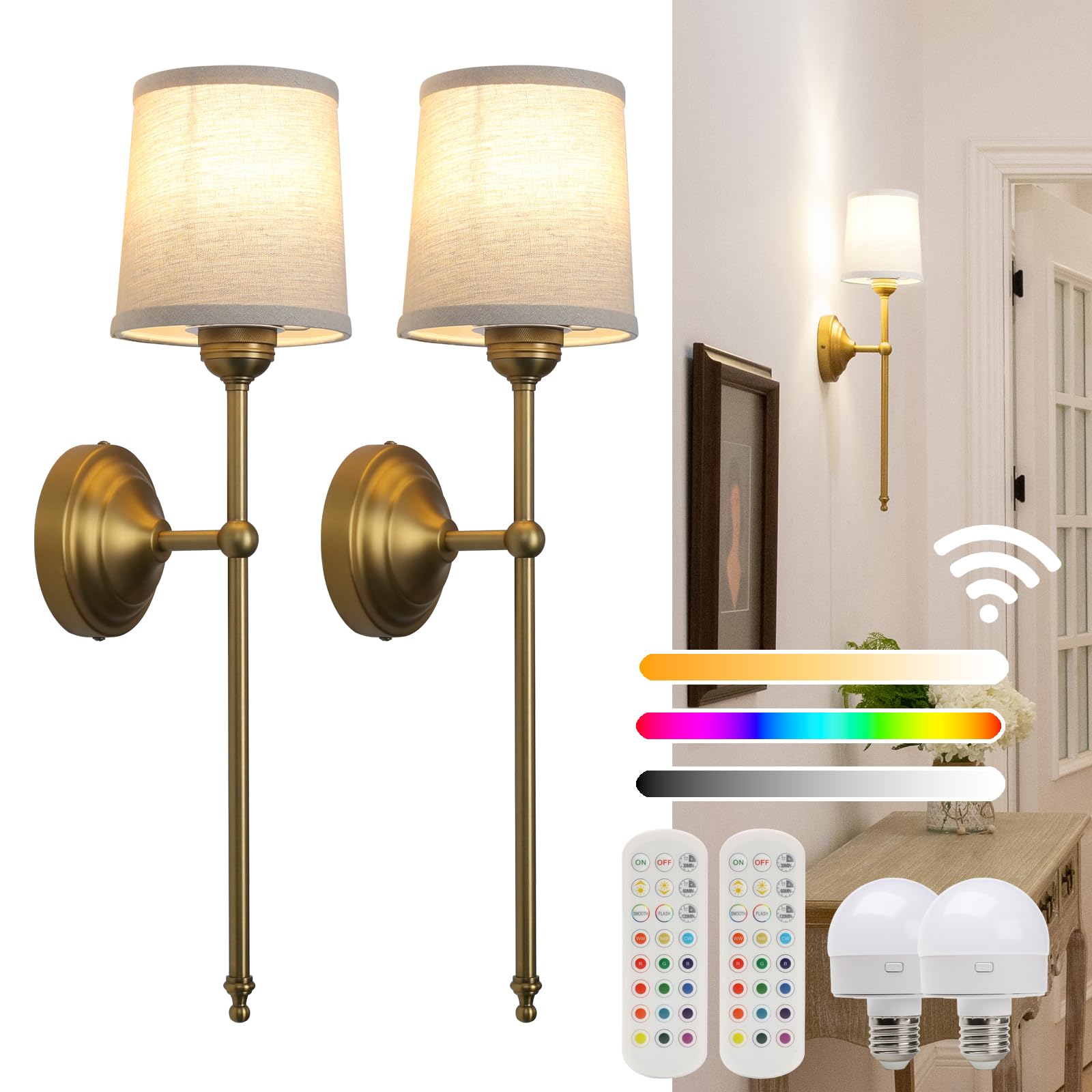 Photo 1 of JIMUBEAM Battery Operated Sconces Wall Lighting Fixture Set of 2 with Linen Fabric Shade, RGB Color Changing USB Rechargeable Wall Mounted Lamp for Living Room Bedside Nightstand Light