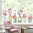 wondever Spring Flowers Window Clings Floral in Jars Butterflies Glass Sticker Decal Anti Collision Double-Side Static Window Decals for Home Glass Window