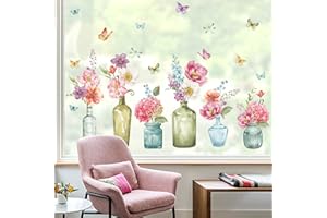 wondever Summer Flowers Window Clings Floral in Jars Butterflies Glass Sticker Decal Anti Collision Double-Side Static Window Decals for Home Glass