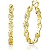 RANKEEF Large Gold Twisted Hoop Earrings with Shiny Cubic Zirconia Hypoallergenic S925 Post Rhinestone Hoops Non Tarnish 14K Golden Plated Sturdy Lightweight Big Twisted Gold Hoop Earrings for Women
