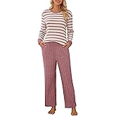 Blooming Jelly Womens Pajamas 2 Piece Satin Matching Lounge Sets Cute Long Sleeve Striped Pants Pjs with Pocket