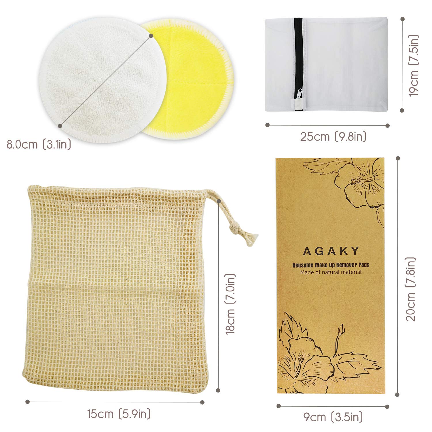 AGAKY Tampons Démaquillants Fibre de Bambou 12pcs Lingette Demaquillant Lavables Réutilisable Biologique en Coton avec Sac à Linge et Sac de Rangement