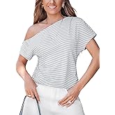 CUPSHE Womens Summer Tops Striped Off The Shoulder Short Sleeve Work Casual Blouse Shirt