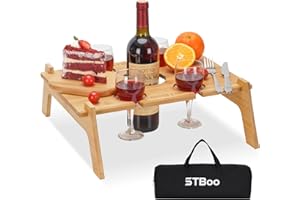 STBoo Outdoor Portable Wine Table, Outside Lightweight Picnic Table with Wine Bottle&4 Glass Holder, Indoor Snack Bed Table, Picnic Tray Table for Park, Beach, Ideal Wine Lover Gift