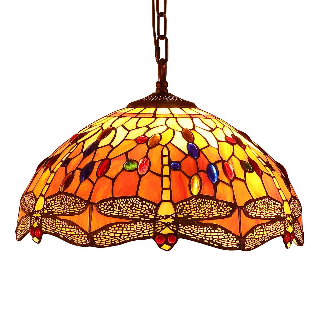 Bieye L30715 Dragonfly Tiffany Style Stained Glass Ceiling Pendant Light with 16 inches Wide Handmade Lamp Shade (Orange)