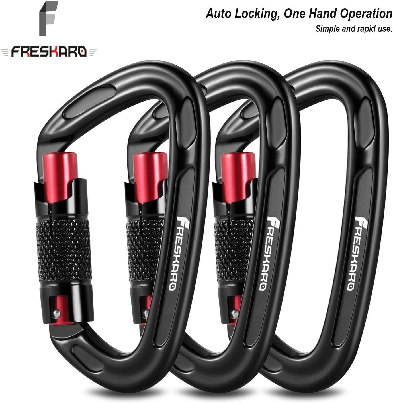 FresKaro 3pcs Climbing Carabiners-Auto Double Locking Carabiner Clips, Twist Lock and Heavy Duty, Suit for Climbing and Rappelling, Carabiner Dog Leash, D Shaped 3.93 Inch, Large Size, Black : Sports & Outdoors