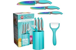 TruChef 5-Piece Kids Cooking Chef Knife Set | Real Stainless Steel Knives with Peeler, Serrated Knife & Holder | Kids Safe Rounded Tips, Easy-Grip Handles | Kitchen Knife Set (5 pcs, Aqua)