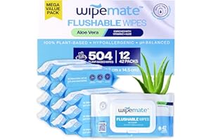 Wipemate ULTRA Flushable Butt Wipes, Soothing Vitamin E & Aloe, 99% Water, Aloe Vera Scent Premium Super Soft Hygiene Wipes, Septic & Sewer Safe,12 Premium Flip-Top Packs, 42 Wipes Per Pack 504 Ct