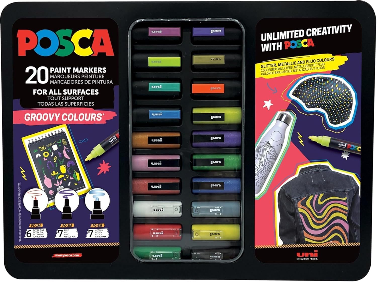 uni-ball Posca Groovy Colours 1MC/3M/5M Metal Box of 20 Markers, Assorted Colours