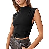 KAMISSY Cotton Sleeveless Mock Neck Crop Tops for Women Causal Ruched Summer Going Out Tank Tops Elegant Crop Vest