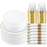 350 Piece Gold Dinnerware Set,100 Plastic Plates, 50 Cups,50 Pre Rolled Napkins with Plastic Silverware, Disposable Gold Dinnerware Set for 50 Guest