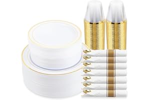 M MCIRCO 350 Piece Gold Dinnerware Set,100 Plastic Plates, 50 Cups,50 Pre Rolled Napkins with Plastic Silverware, Disposable Gold Dinnerware Set for 50 Guest
