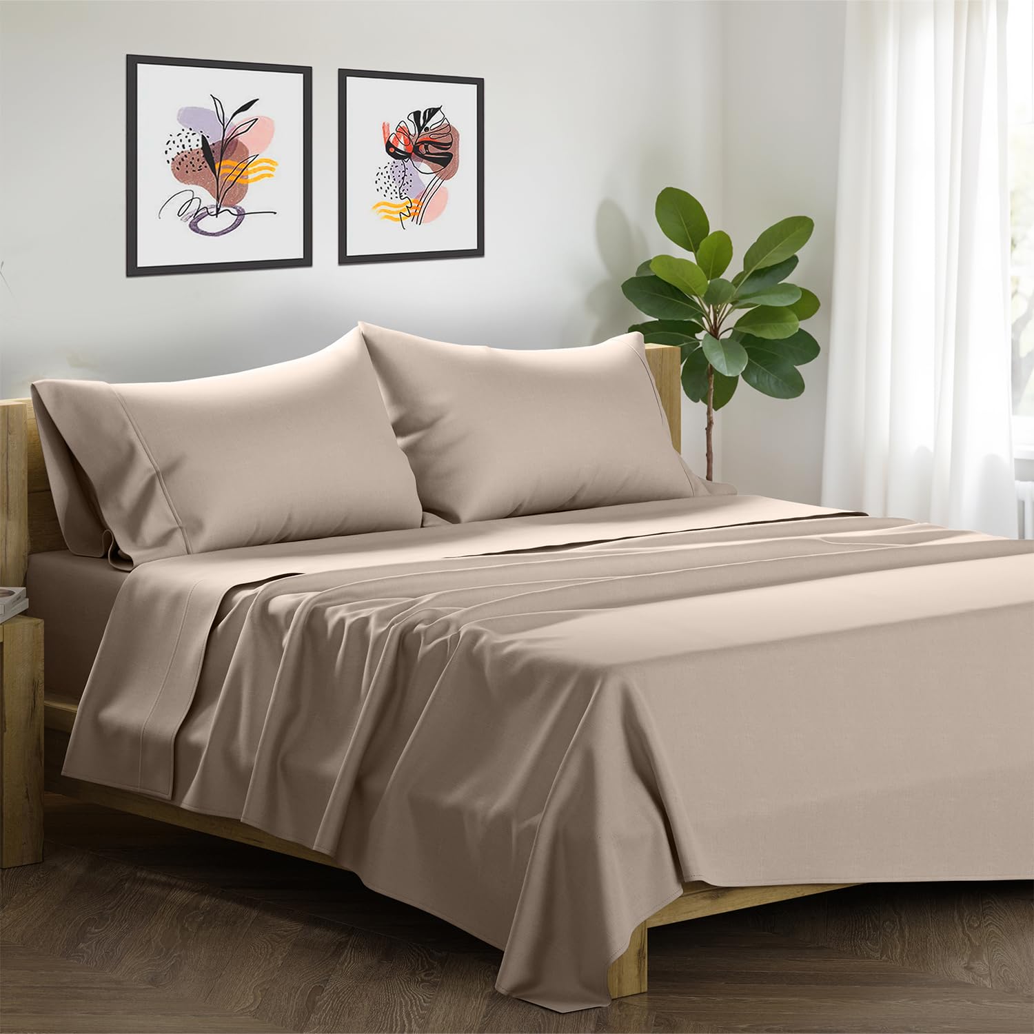 Photo 1 of XOOX Linen King Sheet Set Egyptian Cotton - 1500 Thread Count 4 PC Egyptian Cotton Sheets King Size, Luxury Sateen Sheets, Cooling High Thread Count Deep Pocket Sheet, Fits Upto 19" - Taupe