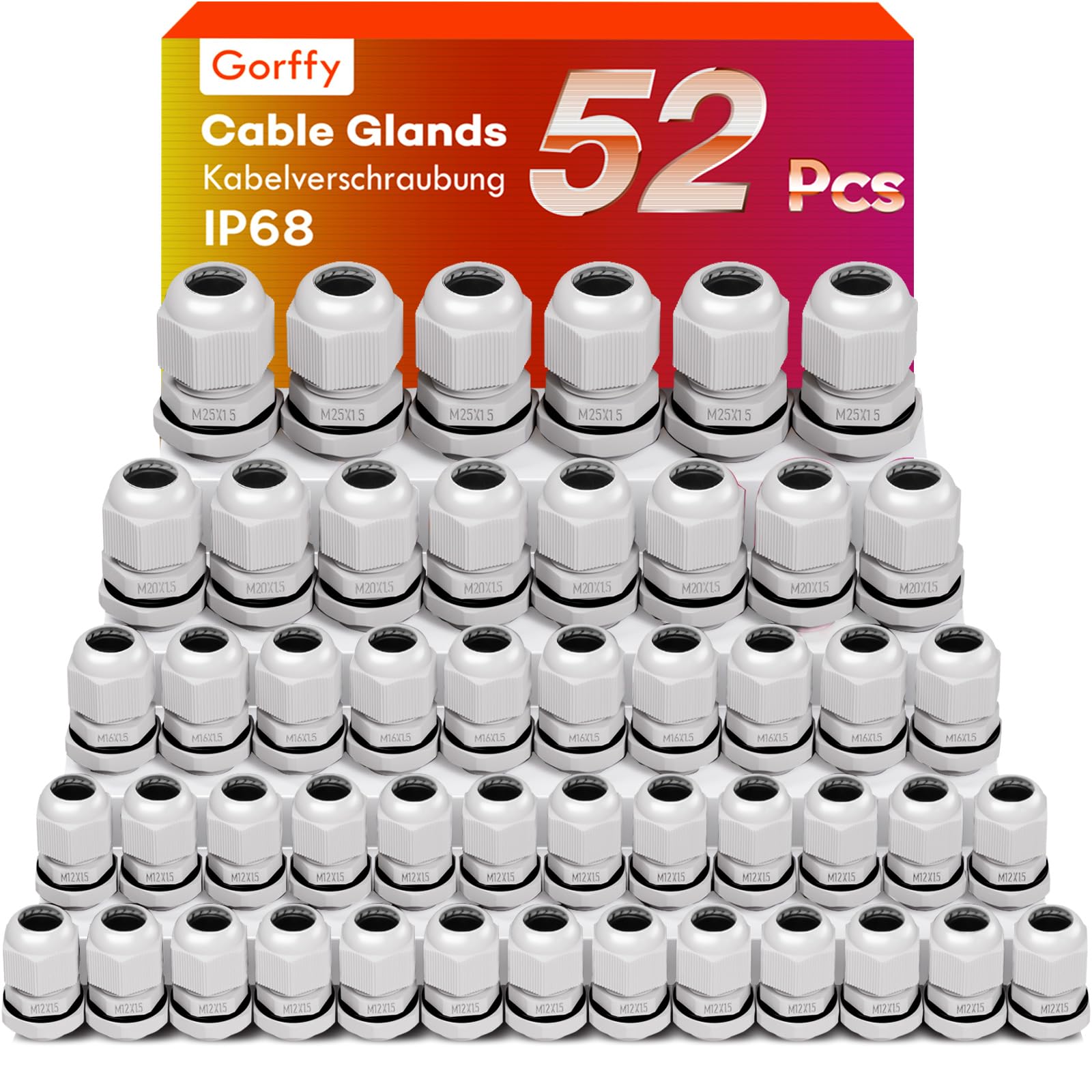 Cable Glands Mixed Set, Gorffy 52PCS Waterproof Stuffing Glands M12 M16 M20 M25, 4 Types IP68 Locknut Stuffing Glands for Garden Outdoor, Plastic Nylon Cable Conduit Waterproof Connectors Set