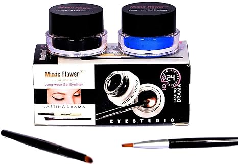 Angelie Music Flower Long Wear Gel Eyeliner Smudge Proof & Waterproof (Black And Blue) With 2 Expert Eyeliner Brushes