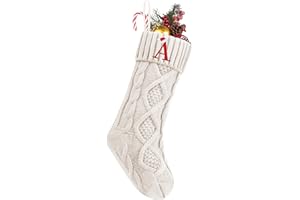NACKIY Personalized Christmas Stockings with Initials, 18 Inches Large Embroidered Monogrammed Cable Knit Christmas Stocking for Family, Xmas Holiday Party Gifts & Decoration for Fireplace(White,Letter A)