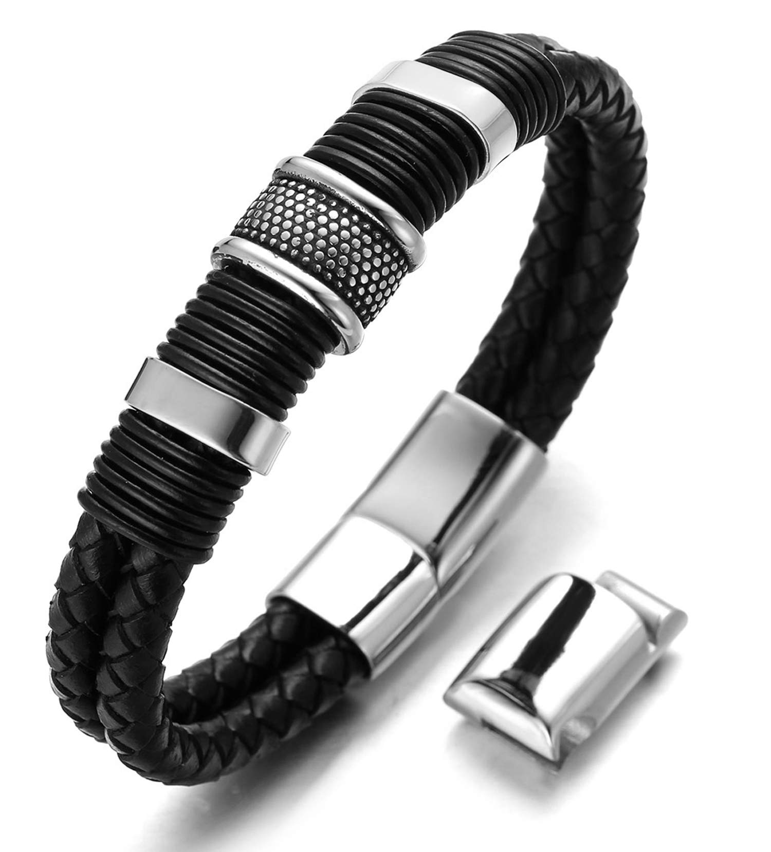 HALUKAKAH Men's Genuine Leather Titanium Bracelet Black Magnetic Clasp Solo Silver/Honor Gold/Nightwatch Black Size Adjustable 21.5-23cm with Free GIftbox (Solo Silver 21.5-23cm with an Extra Clasp)