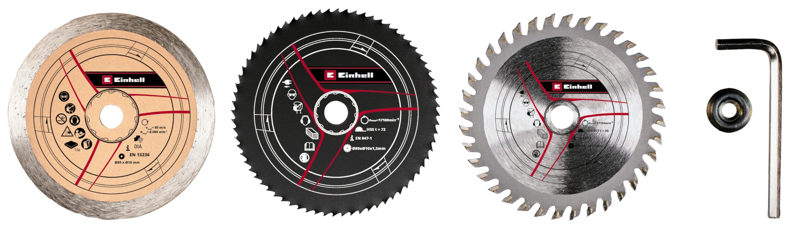 Original Einhell 5-Piece Saw Blades Set Mini Hand-Held Circular Saw Accessories (Diameter 89 mm, HSS, Carbide and Diamond Saw Blade, Suitable for Mini Circular Saw TC-CS 860/1)