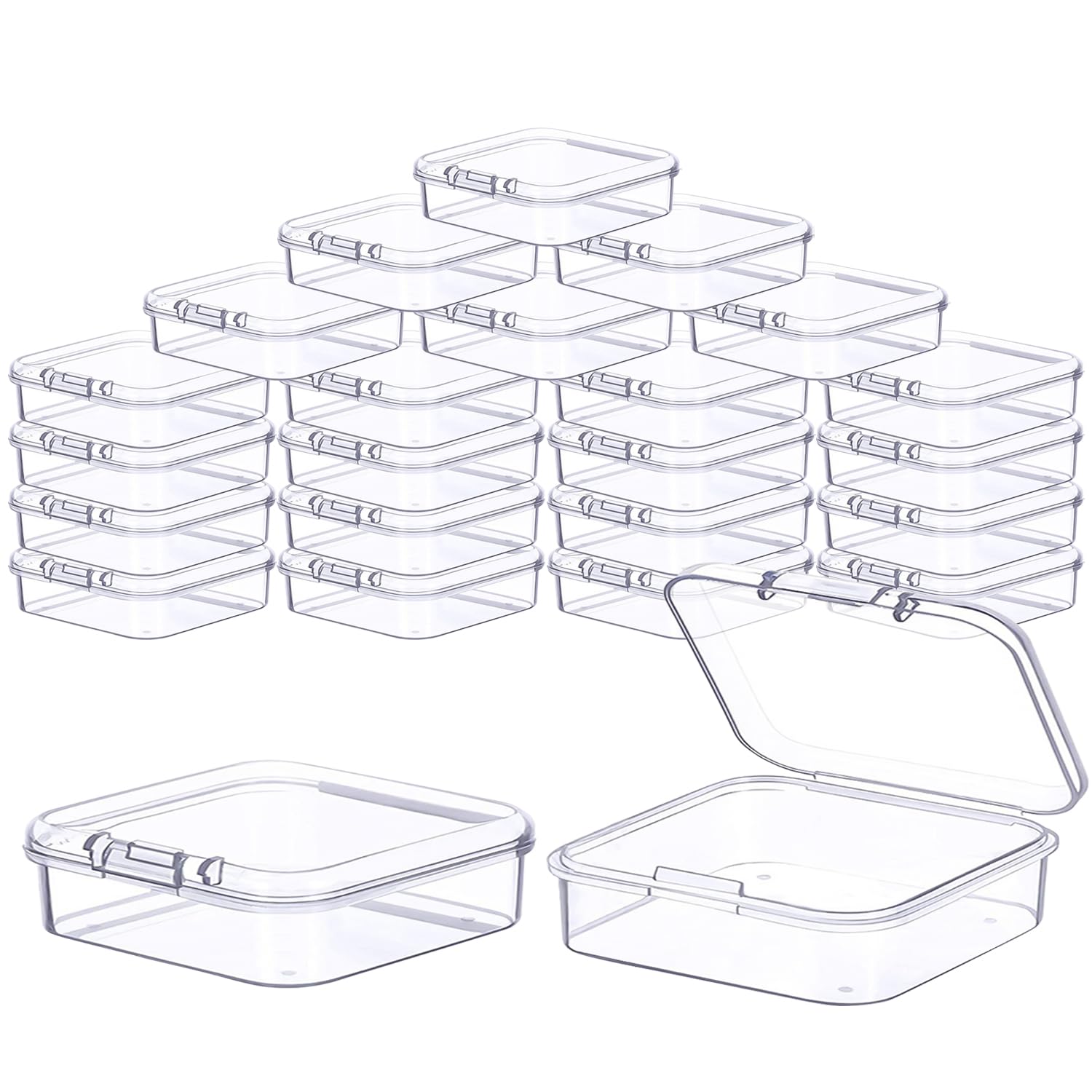 Prmape Pack of 24 Storage Boxes with Lid, Small, 6.5 x 6.5 x 2 cm, Rectangular Empty Mini Storage Box, Small Clear Plastic Beads Storage Container Box for Craft Accessories