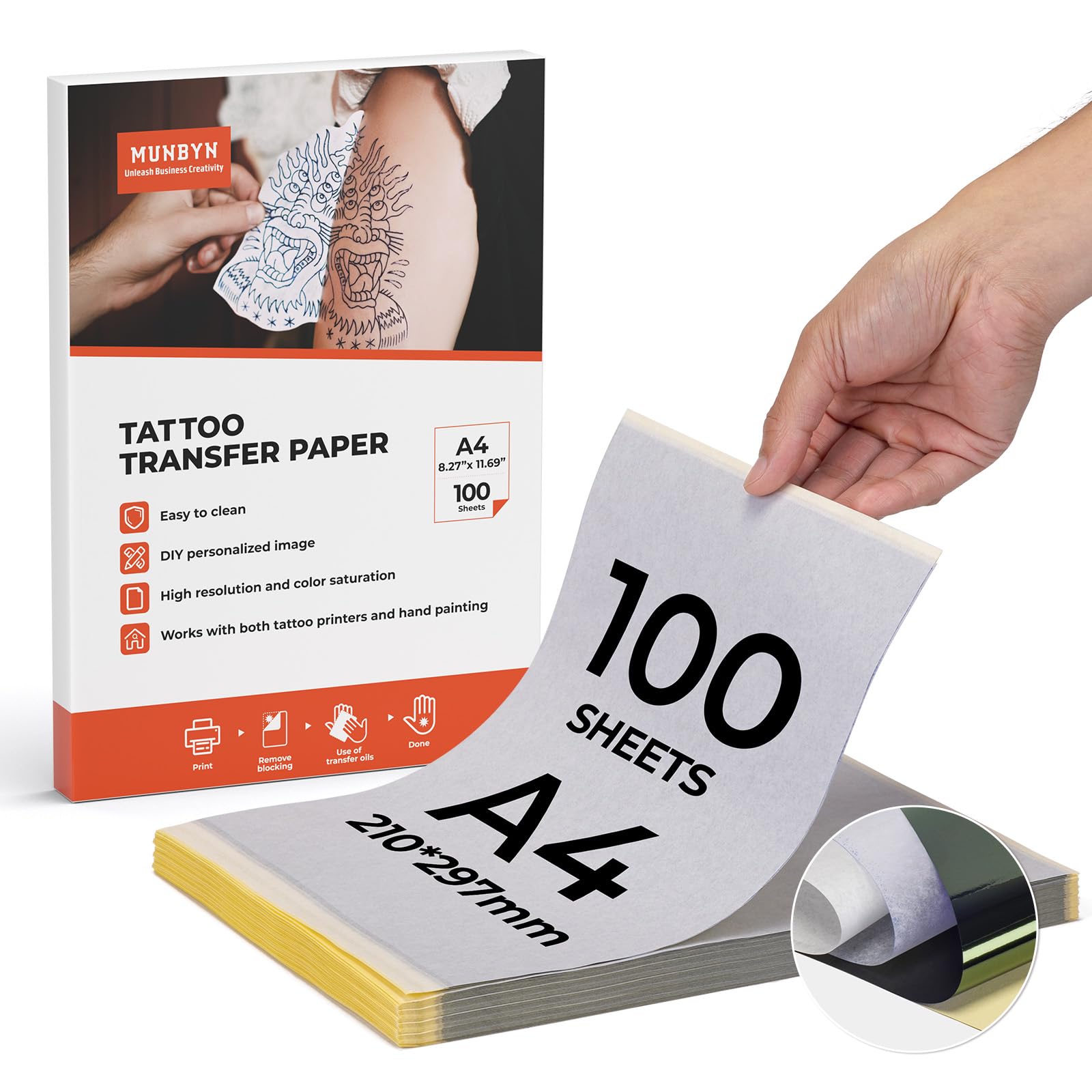 MUNBYN Pack of 100 Thermal Transfer Paper for Tattoo, 4 Layers, A4 Stencil Carbon, Thermal Transfer Copier Paper for Tattoo Printer