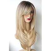 Long Layered Shoulder Length Blonde with white highlight wig Synthetic Hair Multicolor Wigs for White Women (Blonde with White Highlight)