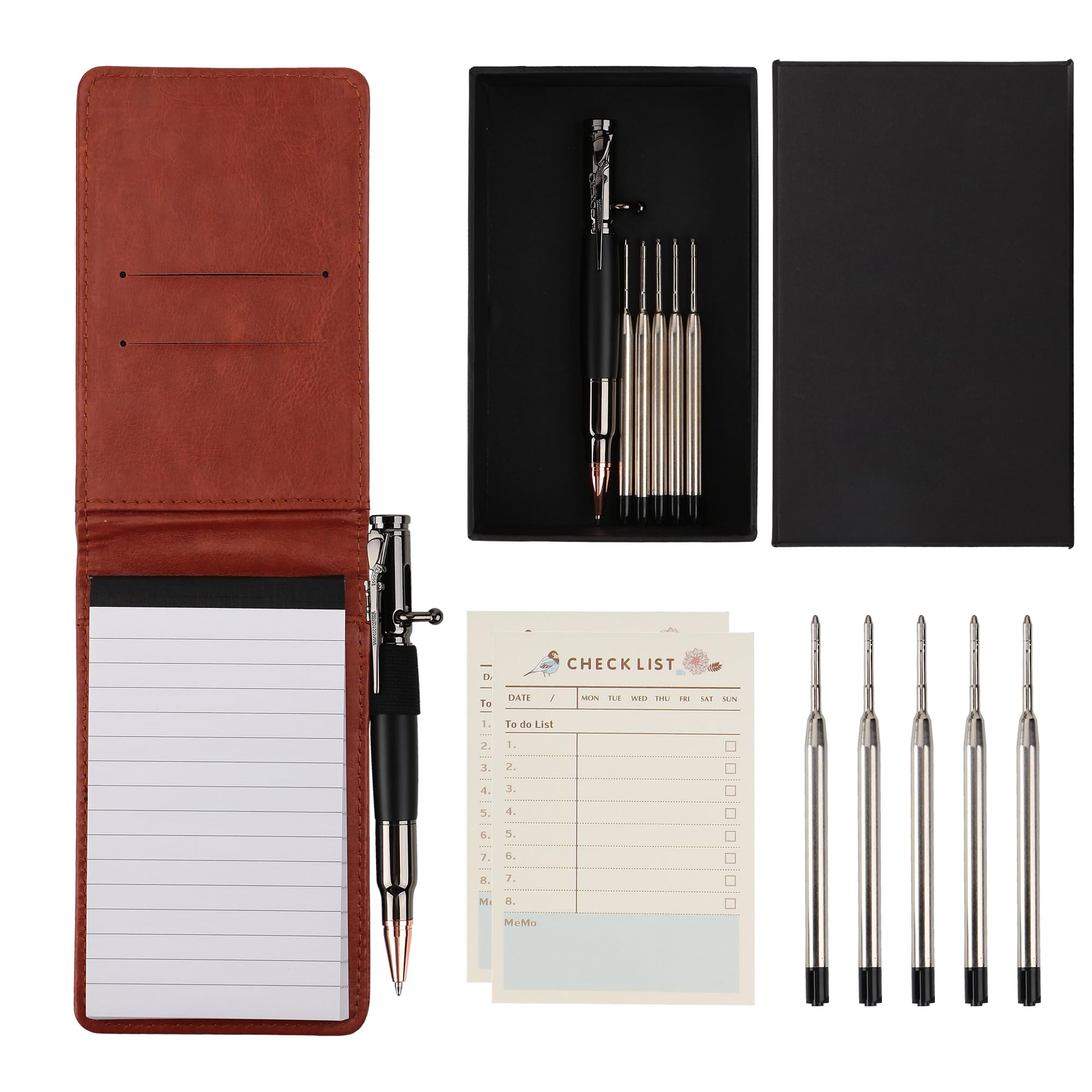 SMOOTHERPRO 11 PCS Mini Notepad Holder Set | Included Weighted Bolt Action Pen With Extra 5 Refills 50 Sheets Memo Book 60 Sheets to Do List 60 Sheets Weekly Schedule | Brown(MN135BN)