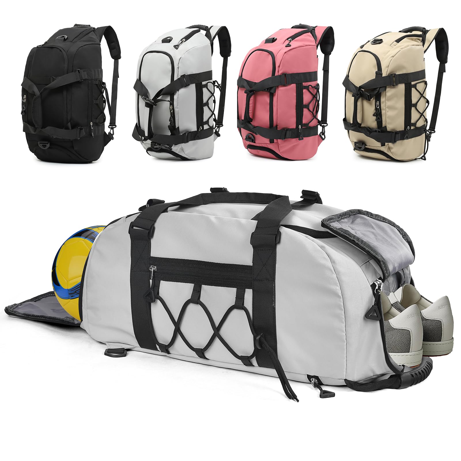 Outplea 30L Gym Duffle Bag for Men Women, Gym Backpack with Shoes Compartment & Wet Pocket, Waterproof Sports Holdall, Grey