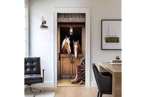 Door Stickers Peel and Stick Door Decal Western Barn Cowboy Rustic Sign Poster Horses Wooden Barn Cowboy Removable Mural Wall