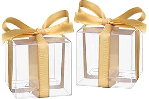 Hooqict 50pcs Favor Boxes 2x2x2 Inches Clear Party Favor Boxes with Ribbons Small Plastic Gift Candy Treat Boxes for Wedding Favors Baby Shower Birthday Classroom