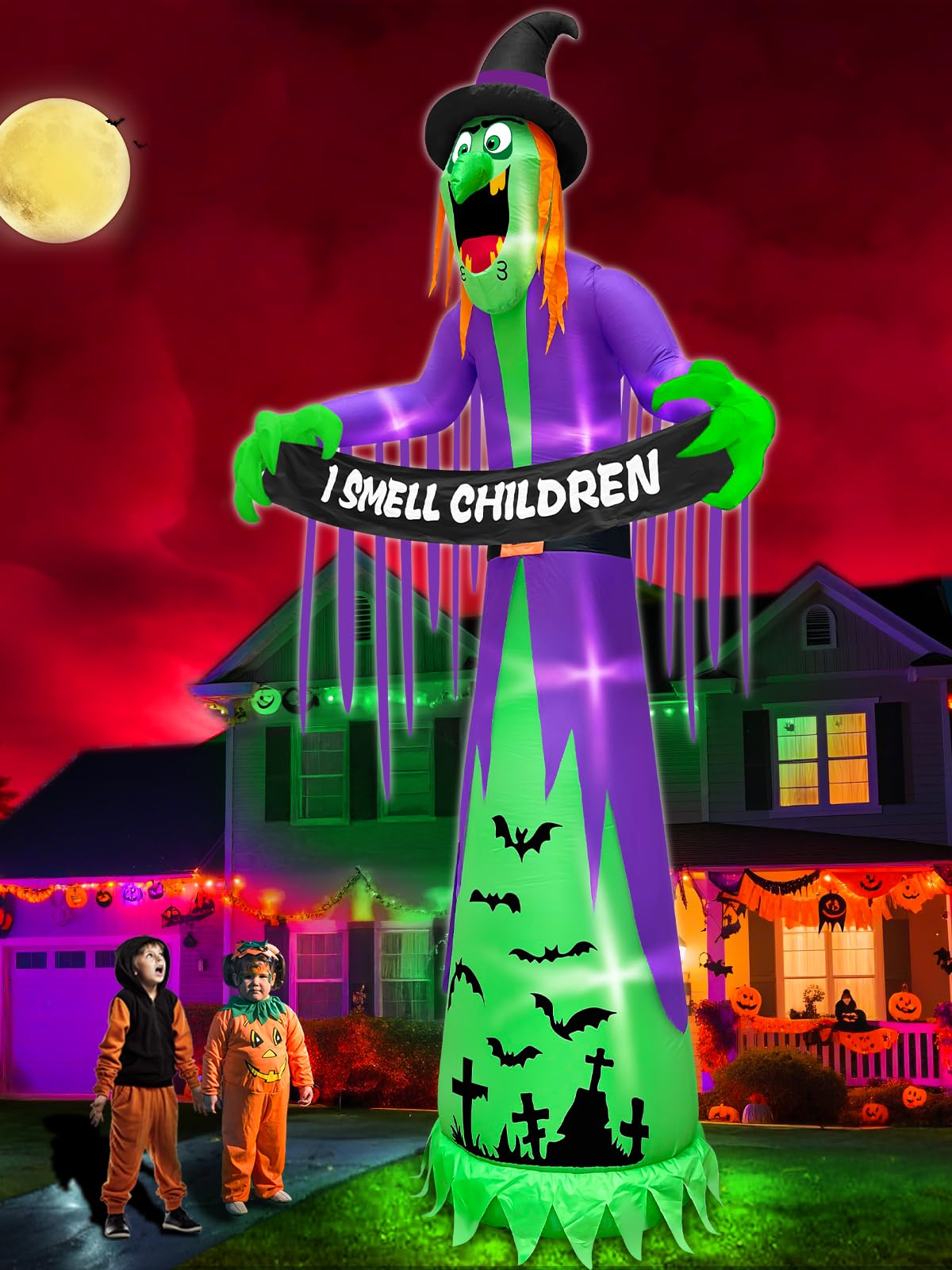 Photo 1 of 12 FT Giant Halloween Inflatables Witch Outdoor Decorations with LED Lights,Scary Witch Holds I Smell Children Banner Blow Up Halloween Decorations Outdoor Yard Garden Lawn Home with Stakes Tether