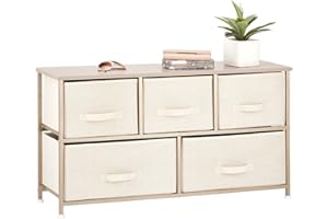 mDesign 21.65" High Steel Frame/Wood Top Storage Dresser Furniture Unit with 5 Removable Fabric Drawers - Wide Bureau Organizer for Bedroom, Living Room, Closet - Lido Collection, Cream/Gold