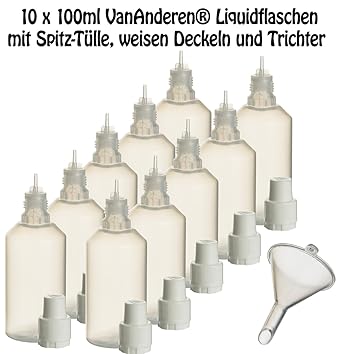 10 x 100 ml Liquidflaschen mit Füll-Trichter für E-Liquids E-Zigaretten e-shisha Plastik-flasche Dosier-flasche Spritz-flasch