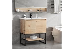 LUCKWIND 30" Bathroom Vanity with Sink Combo, Bathroom Storage Cabinet with Metal Frame, Matte Black Faucet, 1-Tier Open Shelf and 2 Soft-Closing Door, Natural Color