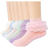 Looching 6 Pack Toddler Baby Girls Ruffle Socks White Lace Trim Eyelet Frilly Cute Cotton Dress Ankle Socks for Kids…