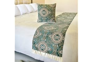 The HomeCentric King/Queen/Twin Teal Decorative King 90"x18" Bed Runner Without Pillow Cover, Art Deco, Floral, Tassels & Velvet Bed Scarf on Velvet Fabric - Ahmet