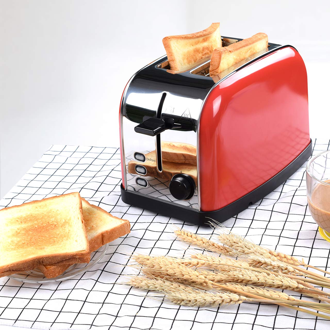COSSCCI Red Toaster 2 Slice Brushed Stainless Steel Toaster with Wide Slots,Removable Crumb Tray,High Lift Lever, Reheat Defrost and 7 Shade Setting