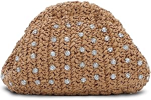 GOKTOW Straw Rhinestone Dumpling Clutch Purse,Summer Raffia Rattan Vacation Beach Bag for Women 2025