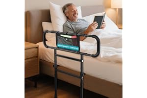 FORTEMOTUS Bed Rails for Elderly Adults Safety Foldable - Heavy Duty Bed Assist Rails for Senior, with Extendable Bed Guard Rails, Adjustable Heights, Storage Pocket& Safety Belt, can Withstand 450LB